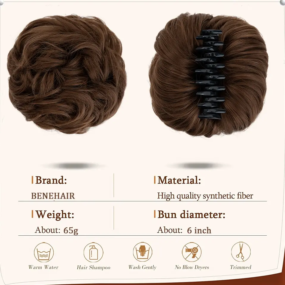 Benehair Messy Hair Bun Synthetic Claw Clip in Chignon for Women Hair Scrunchies Extension Curly Wavy Messy Updo Hairpiece