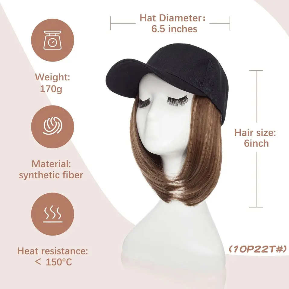 Baseball Cap with Hair Extensions for Women Synthetic 6'' Adjustable Short Straight Hairpiece Replacement Wigs in Hat for Girls