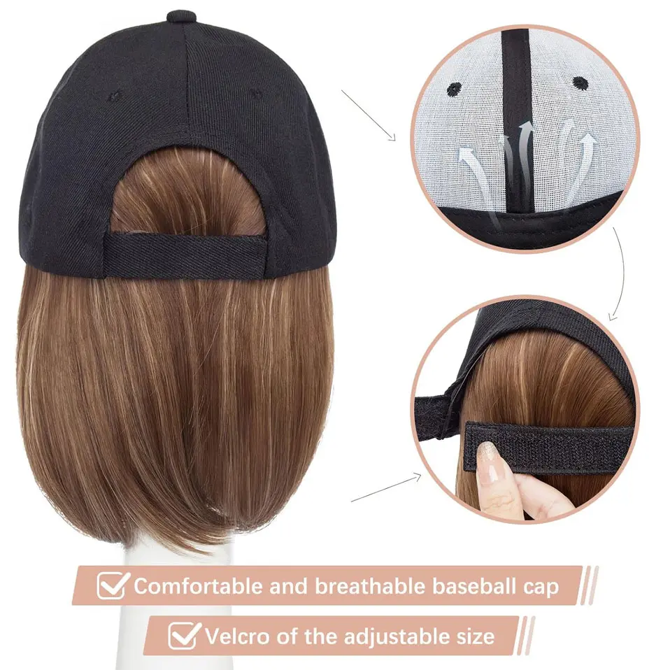 Baseball Cap with Hair Extensions for Women Synthetic 6'' Adjustable Short Straight Hairpiece Replacement Wigs in Hat for Girls