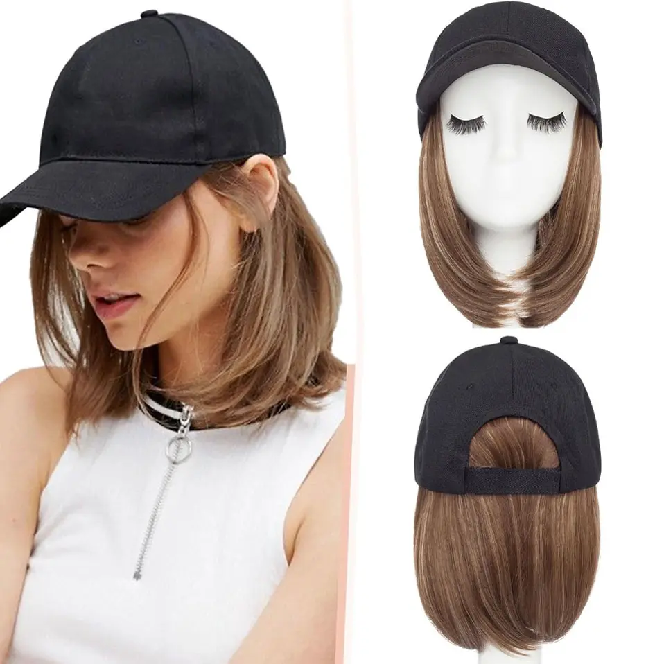 Baseball Cap with Hair Extensions for Women Synthetic 6'' Adjustable Short Straight Hairpiece Replacement Wigs in Hat for Girls