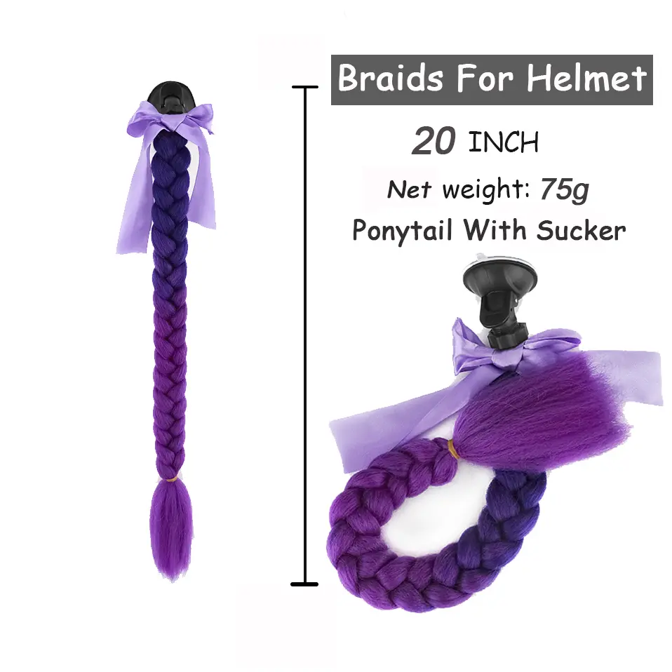 Benehair Syntheitc Helmet Pigtails Gradient Ramp Helmet Braids Ponytail Hair with Suction Cup with Bowknot for Motor Bike 1PCS