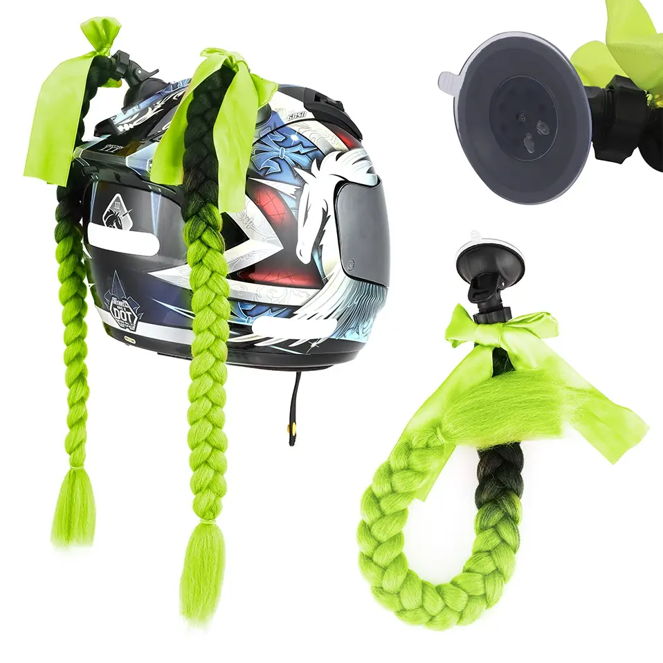 Benehair Syntheitc Helmet Pigtails Gradient Ramp Helmet Braids Ponytail Hair with Suction Cup with Bowknot for Motor Bike 1PCS