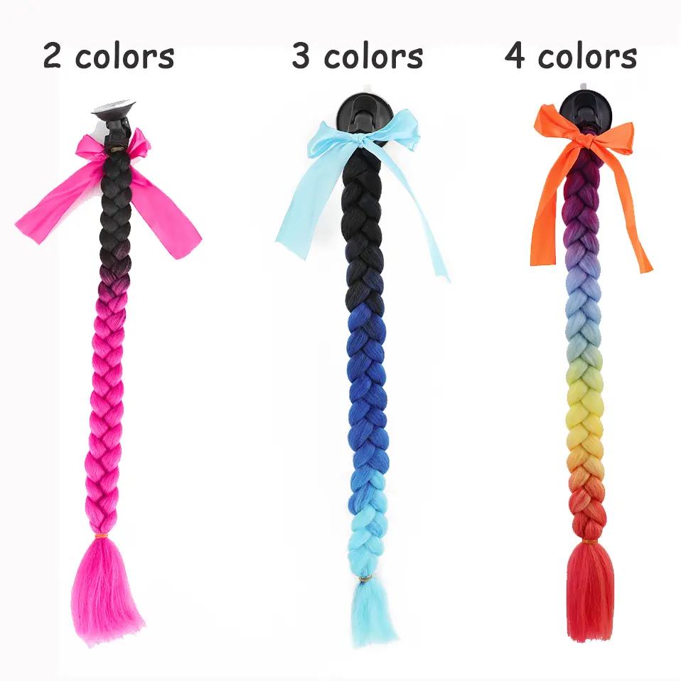 Benehair Syntheitc Helmet Pigtails Gradient Ramp Helmet Braids Ponytail Hair with Suction Cup with Bowknot for Motor Bike 1PCS