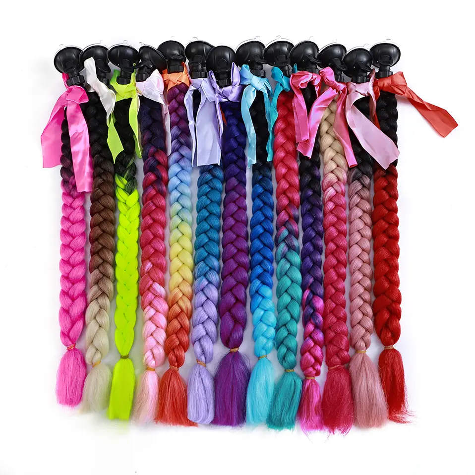 Benehair Syntheitc Helmet Pigtails Gradient Ramp Helmet Braids Ponytail Hair with Suction Cup with Bowknot for Motor Bike 1PCS