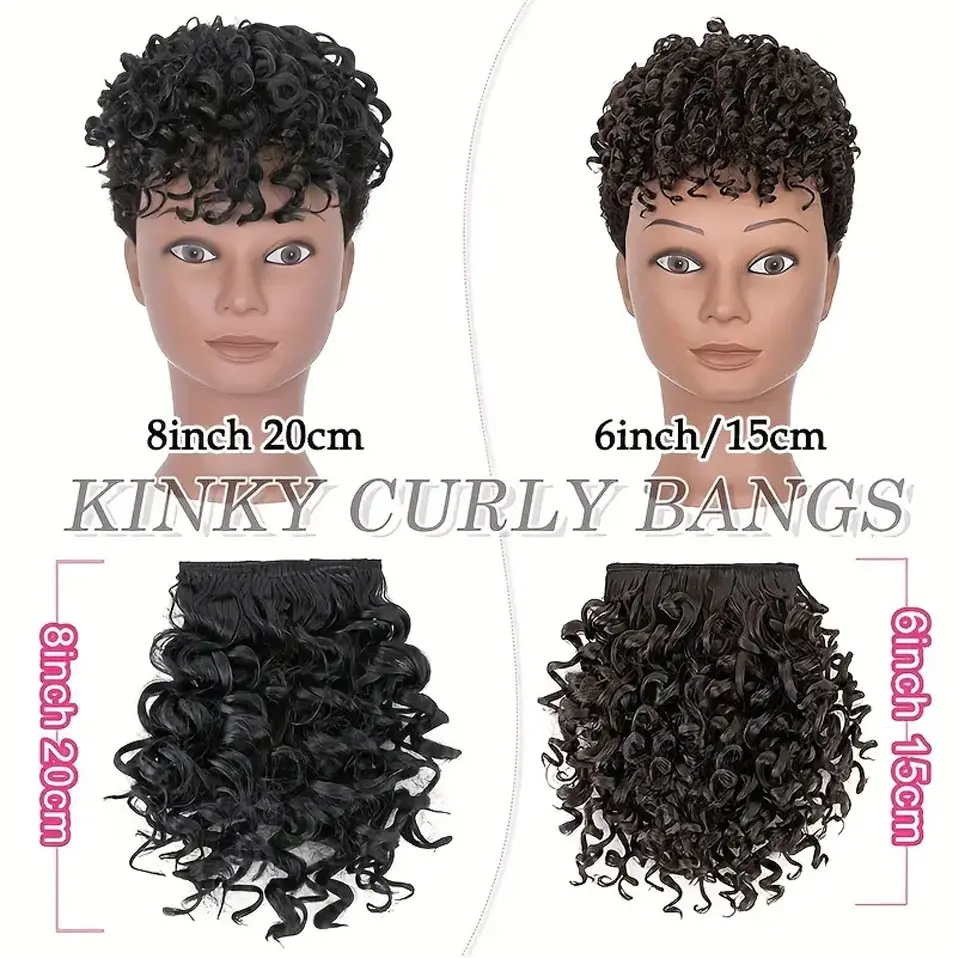 BENEHAIR Short Afro Kinky Curly Bangs Synthetic Clip in Bangs 6-8inch Clip-on Bangs Ponytail Hair Extension Wig For Women