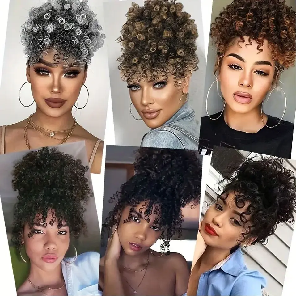 BENEHAIR Short Afro Kinky Curly Bangs Synthetic Clip in Bangs 6-8inch Clip-on Bangs Ponytail Hair Extension Wig For Women
