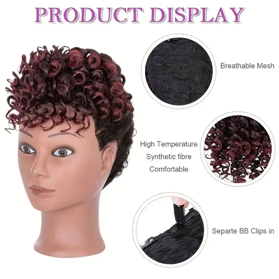 BENEHAIR Short Afro Kinky Curly Bangs Synthetic Clip in Bangs 6-8inch Clip-on Bangs Ponytail Hair Extension Wig For Women