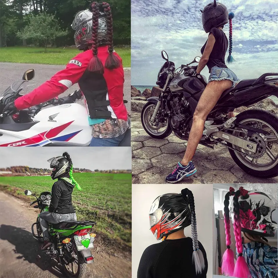 Benehair Synthetic Helmet Pigtail Motorcycle Ponytail Bicycle Helmet Braids Hair Tails Used for Any Helmets/Suction Cup Reusable