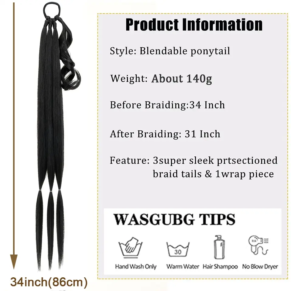 Benehair 34inch Long Braid Ponytail Extension with Elastic Tie Straight Wrap Around Braid Hair Synthetic Drawstring Ponytail