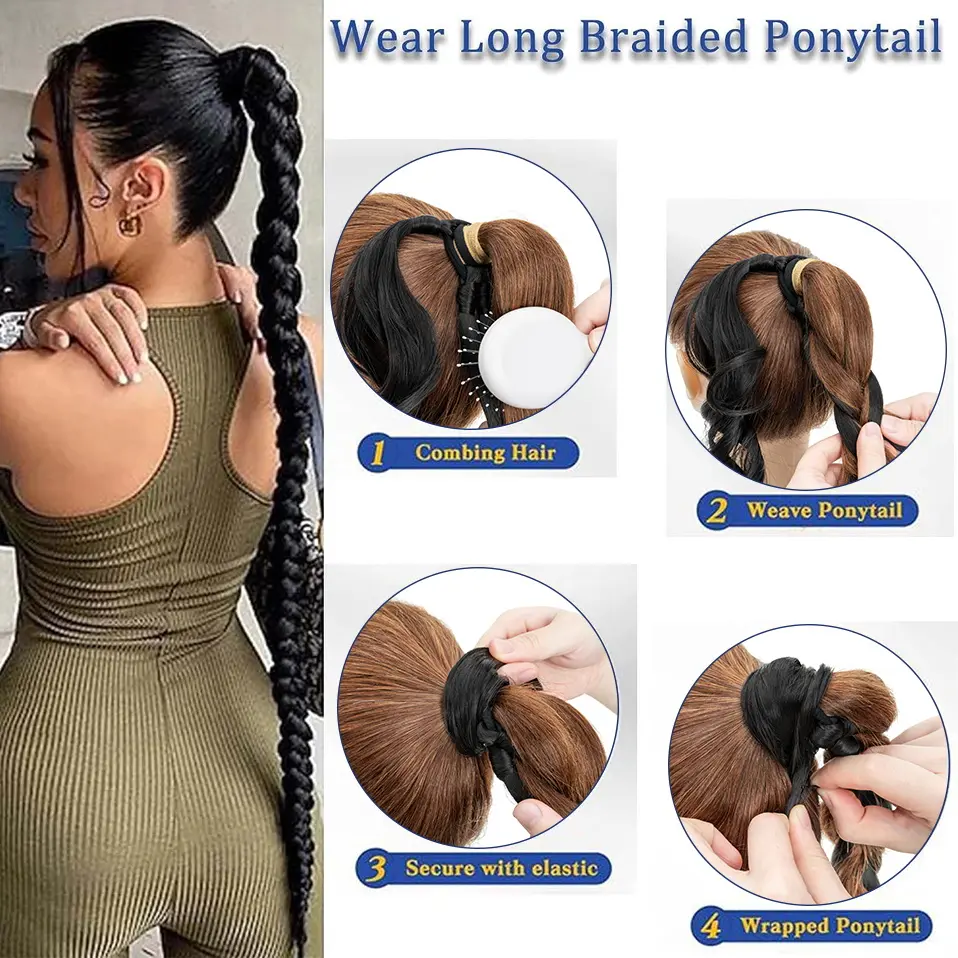 Benehair 34inch Long Braid Ponytail Extension with Elastic Tie Straight Wrap Around Braid Hair Synthetic Drawstring Ponytail