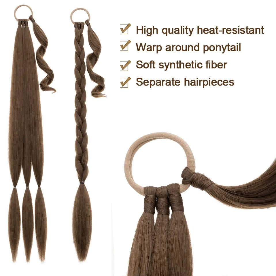 Benehair 34inch Long Braid Ponytail Extension with Elastic Tie Straight Wrap Around Braid Hair Synthetic Drawstring Ponytail