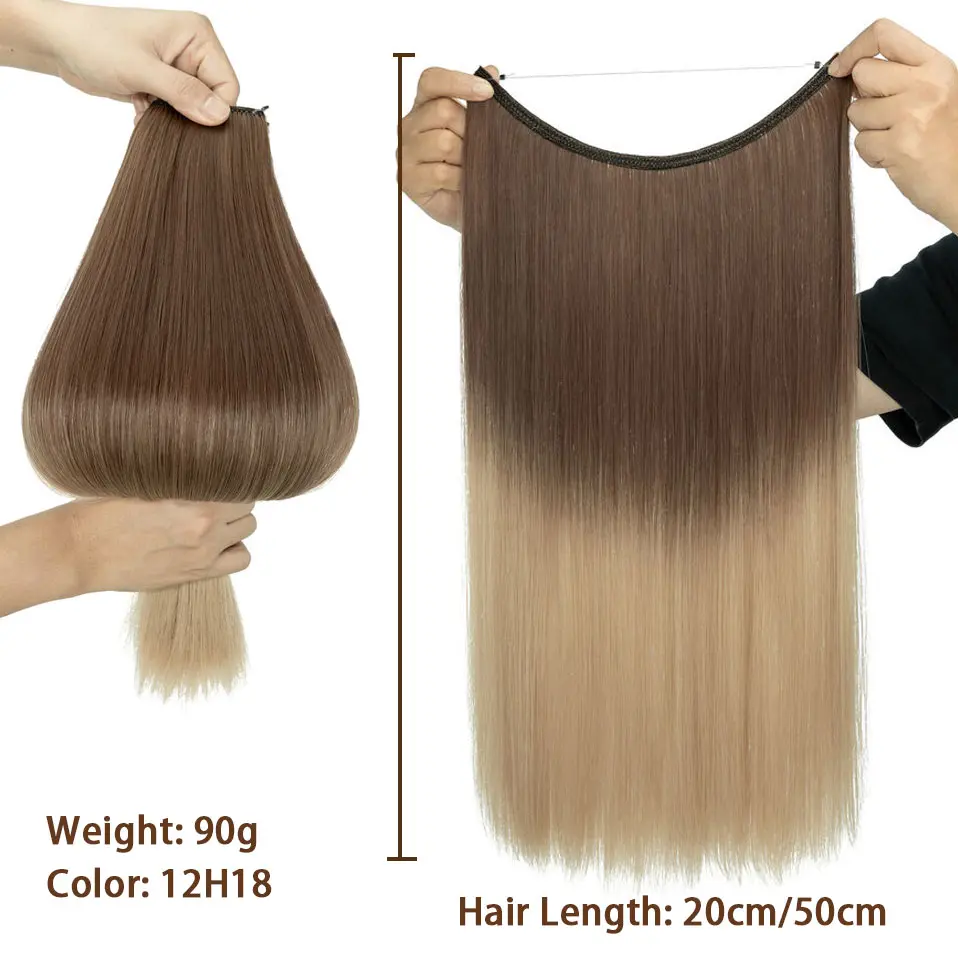 Synthetic No Clips In Natural Hair Extension Ombre Black Blonde One Piece Long Straight Invisible Wire False Fake Hair Piece