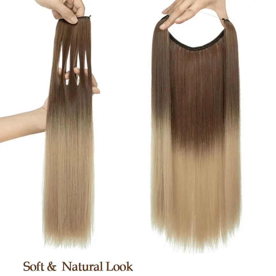Synthetic No Clips In Natural Hair Extension Ombre Black Blonde One Piece Long Straight Invisible Wire False Fake Hair Piece