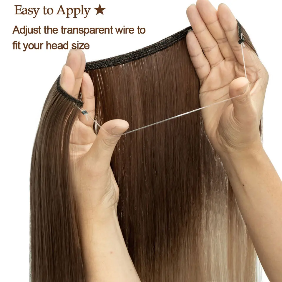 Synthetic No Clips In Natural Hair Extension Ombre Black Blonde One Piece Long Straight Invisible Wire False Fake Hair Piece
