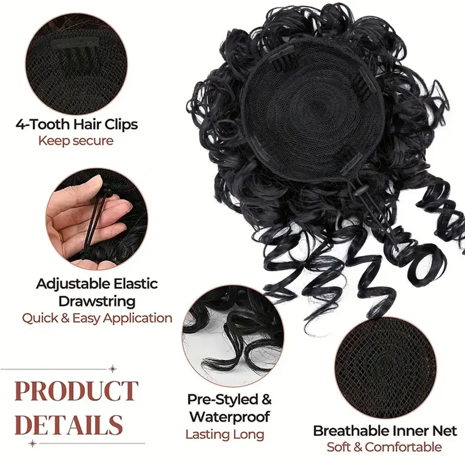 Synthetic African Curly Short Ponytail Hair Extensions 8" Wig Women's Bun Drawstring Hair Buns Clip In Ponytails for Women Girls