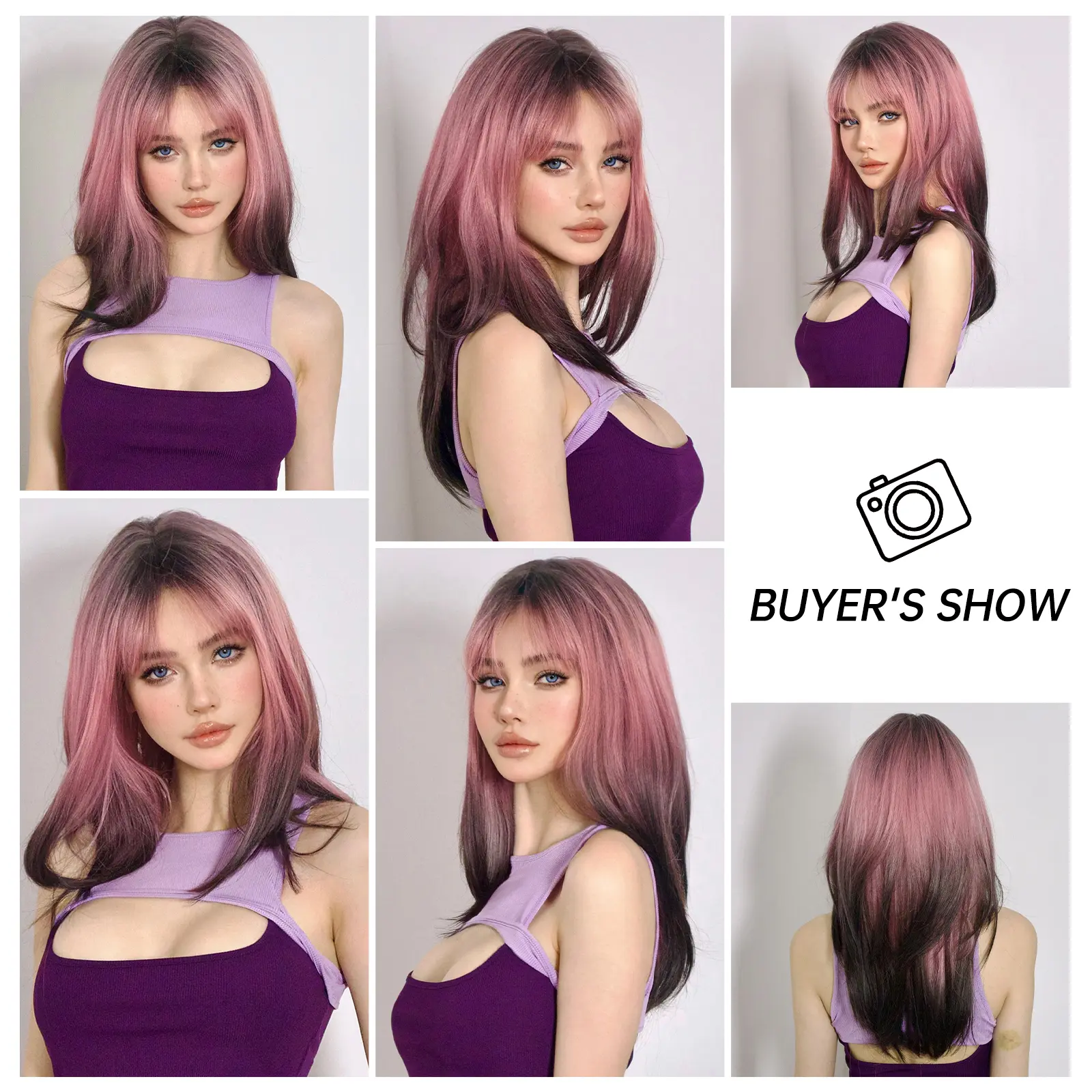 LOUIS FERRE Black Pink Ombre Synthetic Wigs for Cosplay Long Straight Layered Wigs with Bangs for Women Heat Resistant Fake Hair