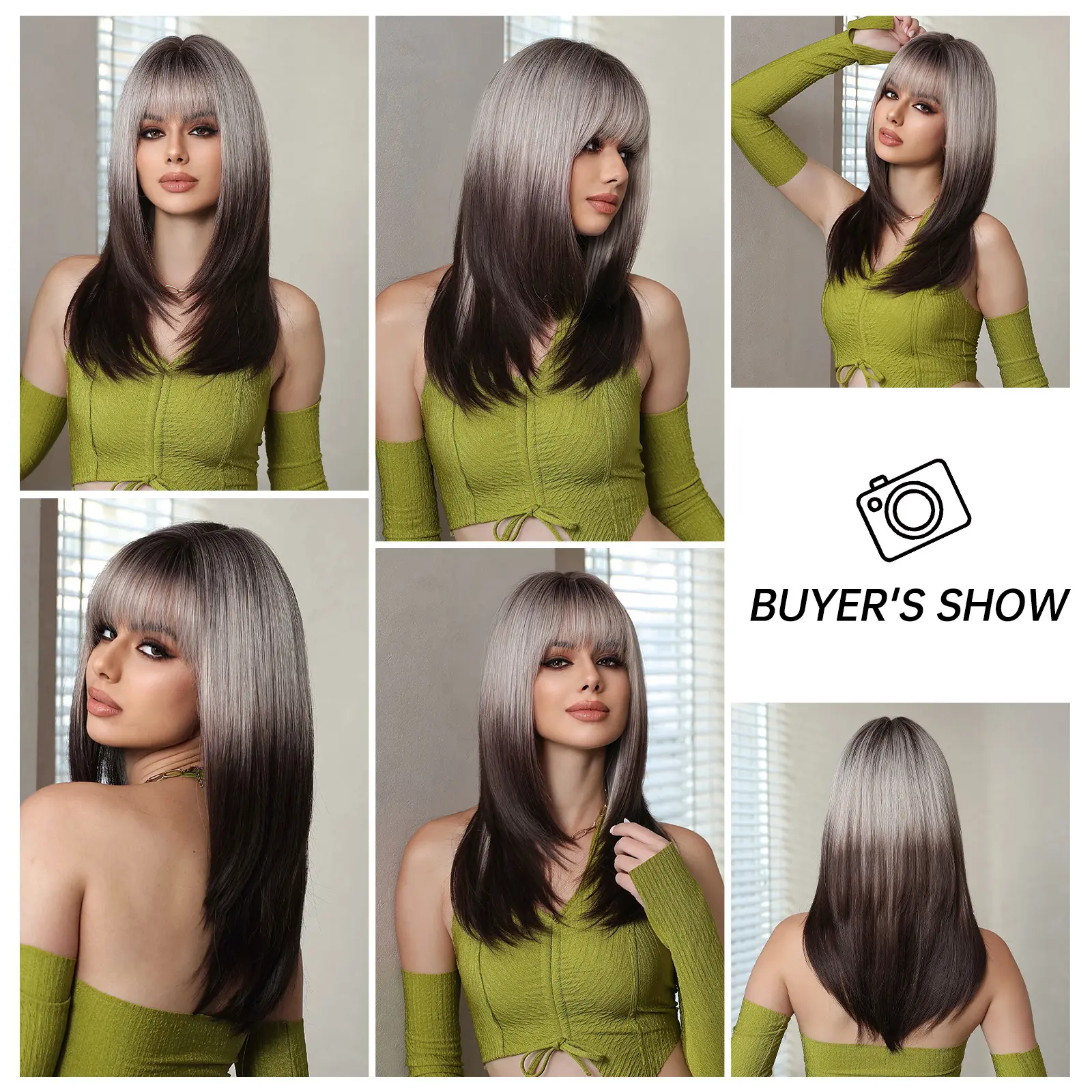 Ombre Black Brown to Gray White Straight Wigs for Women Long Layered Synthetic Wig With Bangs Heat Resistant Fiber Wig for Daily