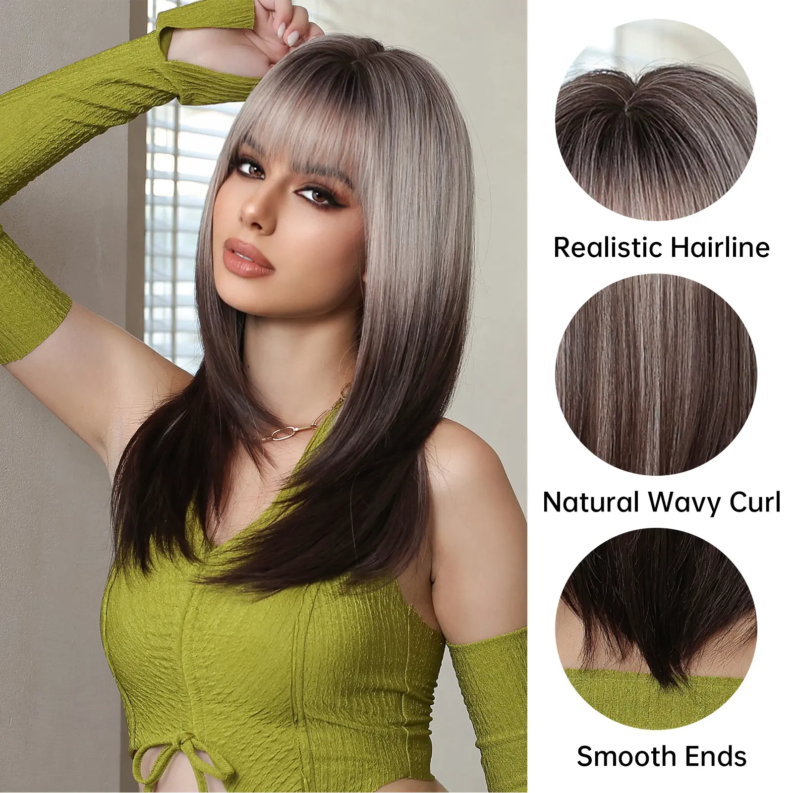 Ombre Black Brown to Gray White Straight Wigs for Women Long Layered Synthetic Wig With Bangs Heat Resistant Fiber Wig for Daily