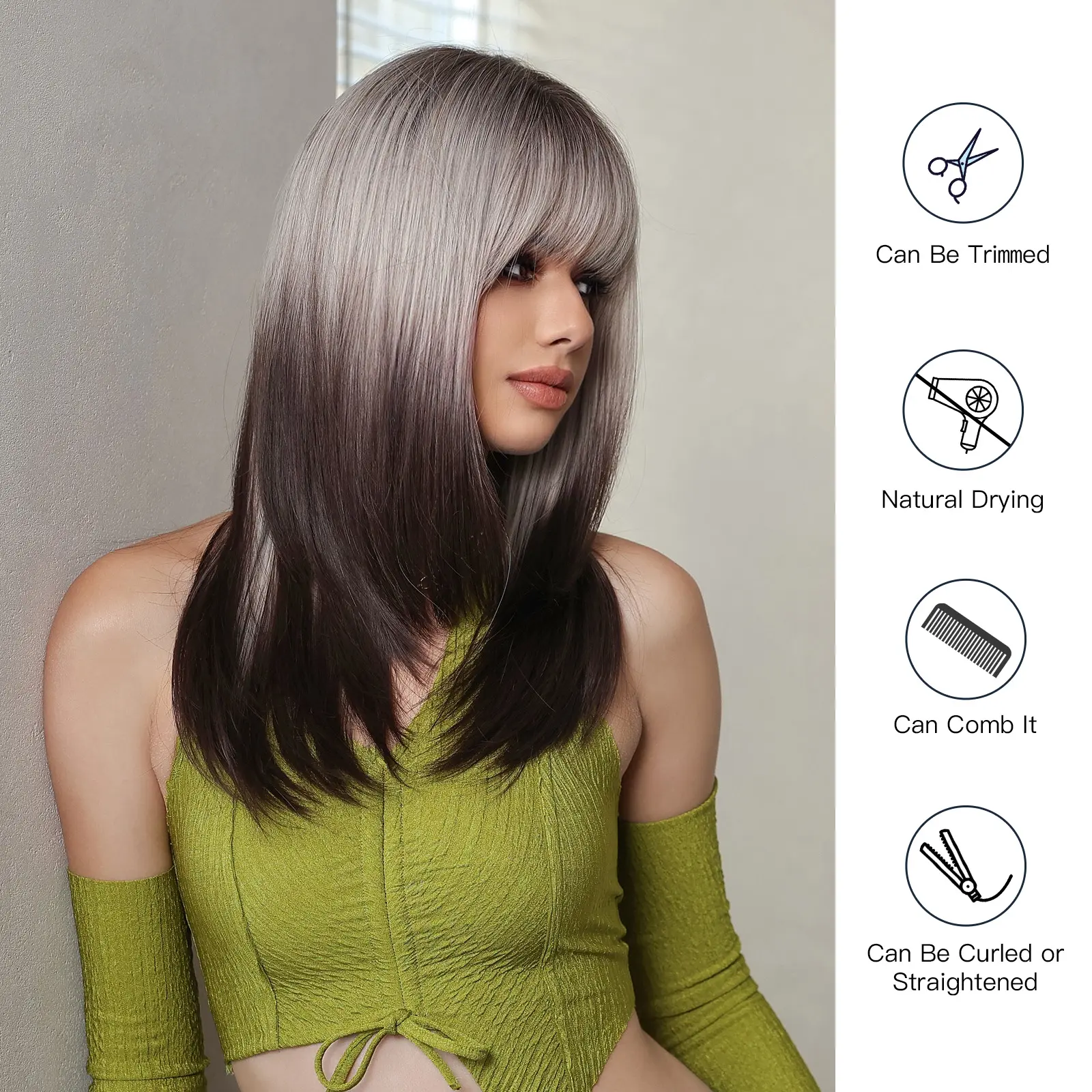 Ombre Black Brown to Gray White Straight Wigs for Women Long Layered Synthetic Wig With Bangs Heat Resistant Fiber Wig for Daily