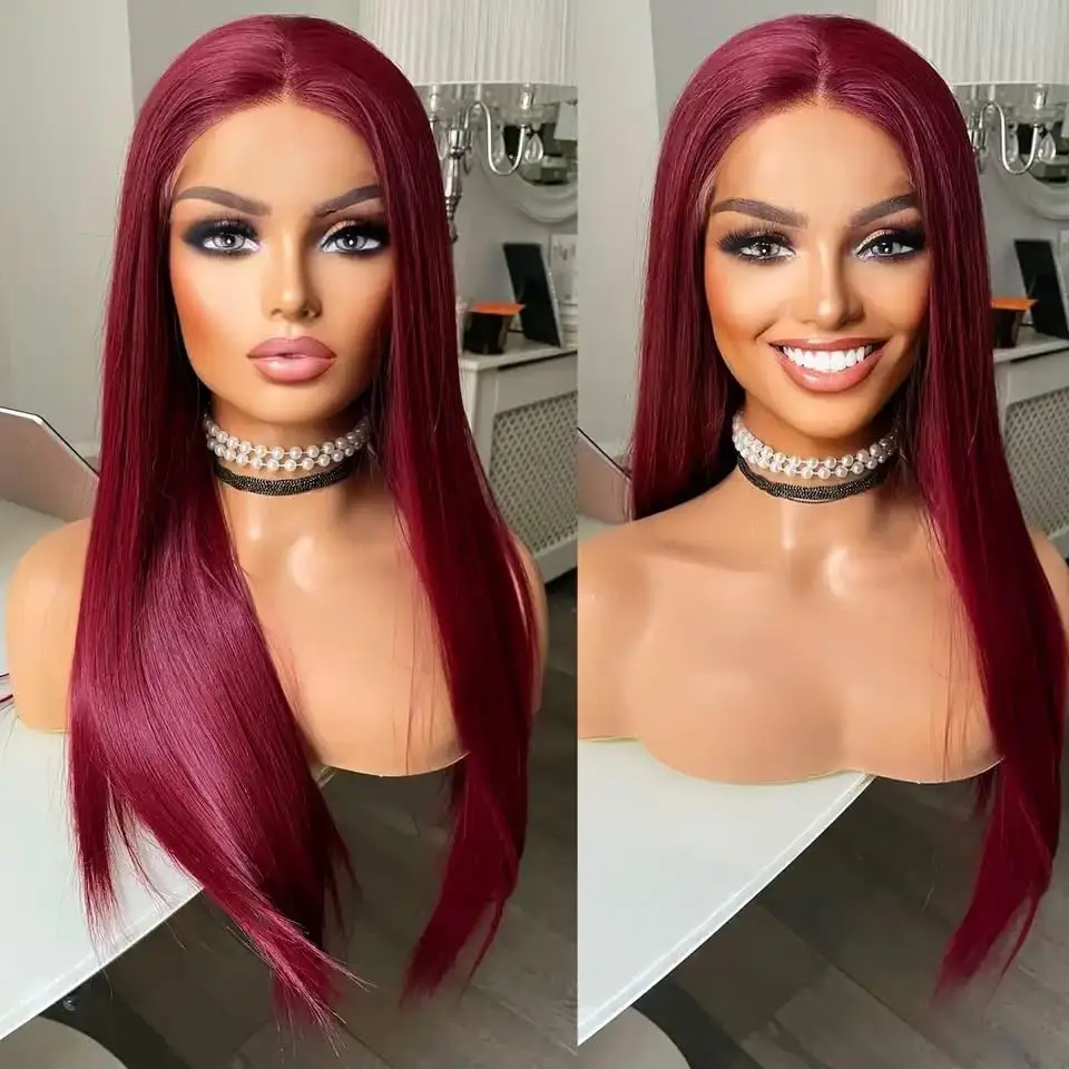 Wine Red Straight Synthetic Wigs for Women Long Straight 13*4*1 Lace Front Wigs Middle Part Burgundy Red Hair Heat Resistant Wig