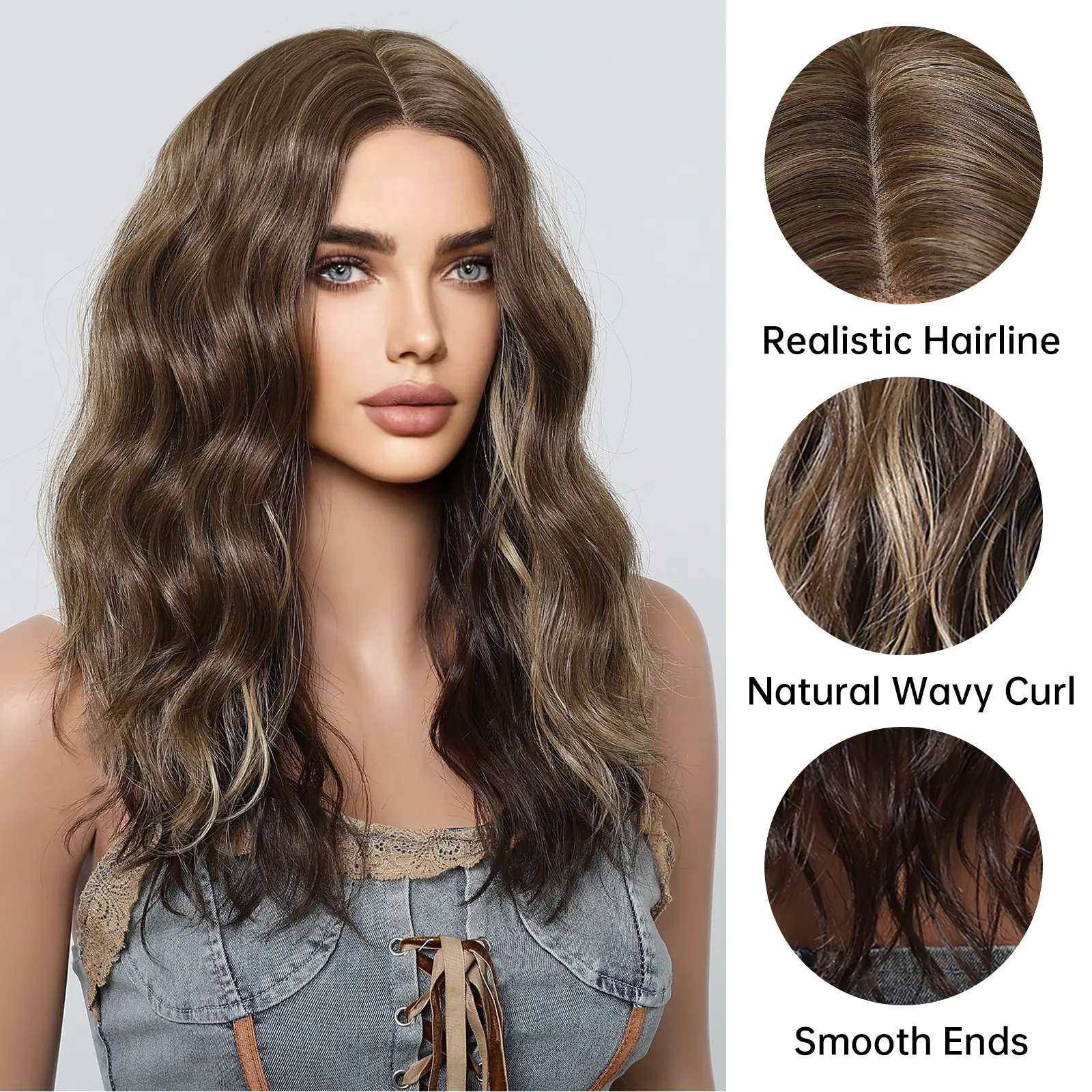Natural Wavy Hairline Lace Wigs Brown Mixed Blonde Synthetic Wigs For Black Women Daily Party Middle Part Hair High Temperature