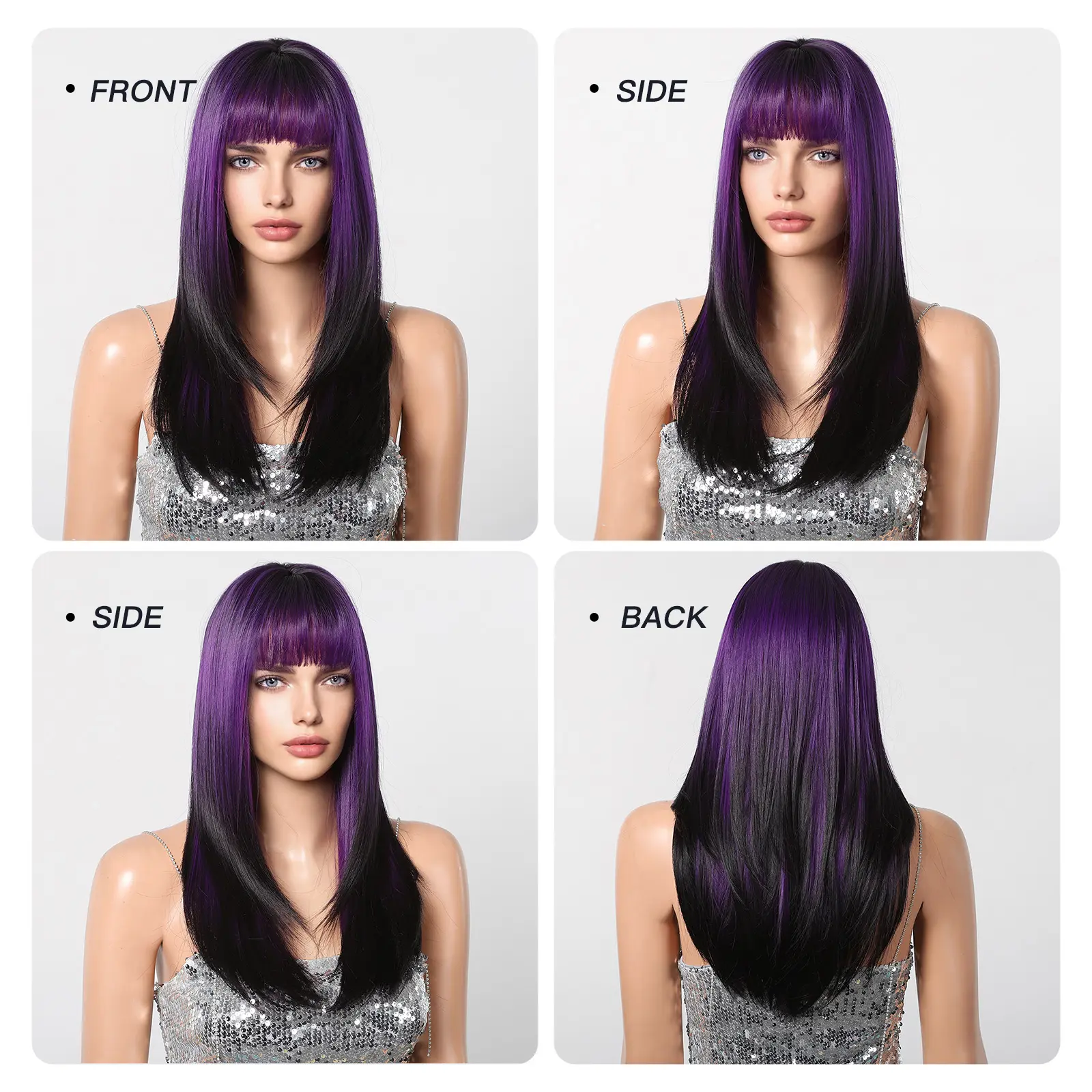 LOUIS FERRE Purple Black Ombre Synthetic Wig For Women Cosplay Party Long Straight Hair With Bangs Natural High Temperature Wig