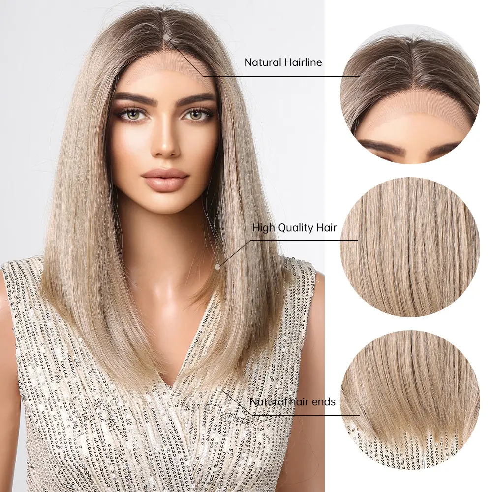 LOUIS FERRE 13*1 Lace Front Brown Synthetic Wigs Short Ombre Blonde Brown Straight Wig Natural Fluffy Daily Heat Resistant Fibre