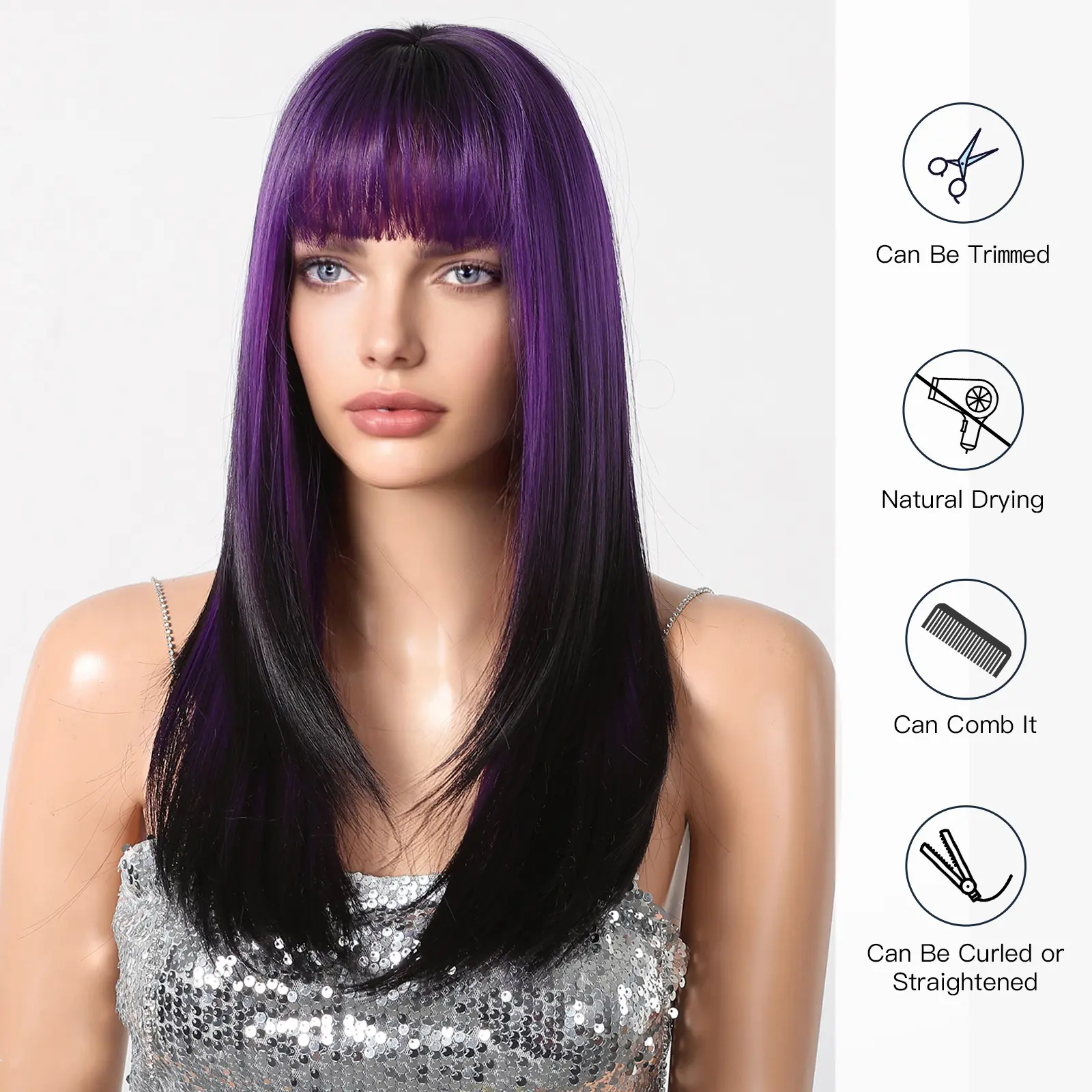 LOUIS FERRE Purple Black Ombre Synthetic Wig For Women Cosplay Party Long Straight Hair With Bangs Natural High Temperature Wig