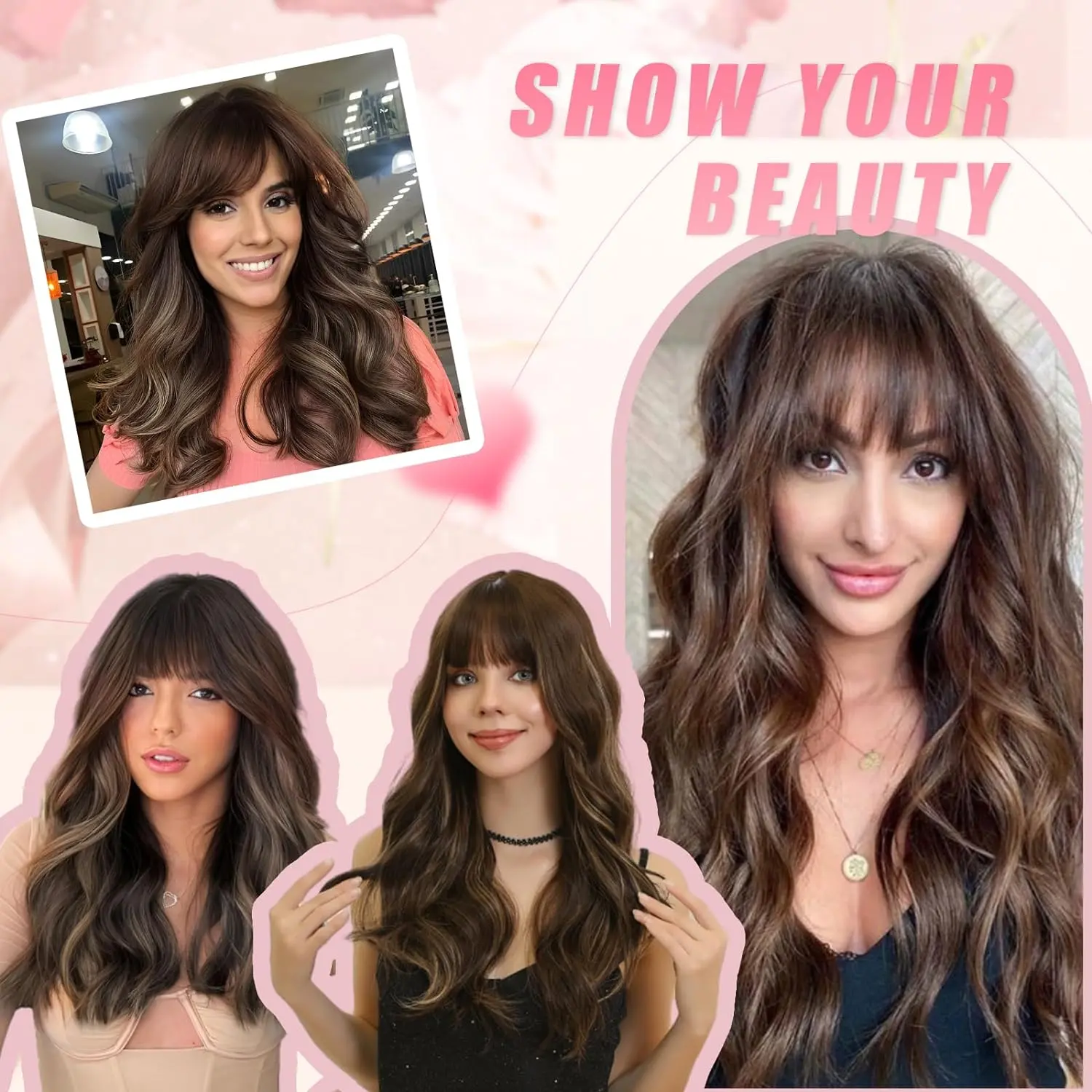 Brown Wigs With Bangs Long Wavy Wigs For Women Blonde Highlights Long Curly Wavy Wig Synthetic Hair Wigs For Girls Daily Party