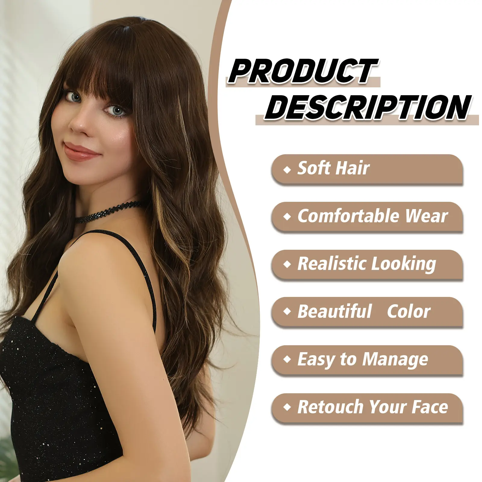 Brown Wigs With Bangs Long Wavy Wigs For Women Blonde Highlights Long Curly Wavy Wig Synthetic Hair Wigs For Girls Daily Party