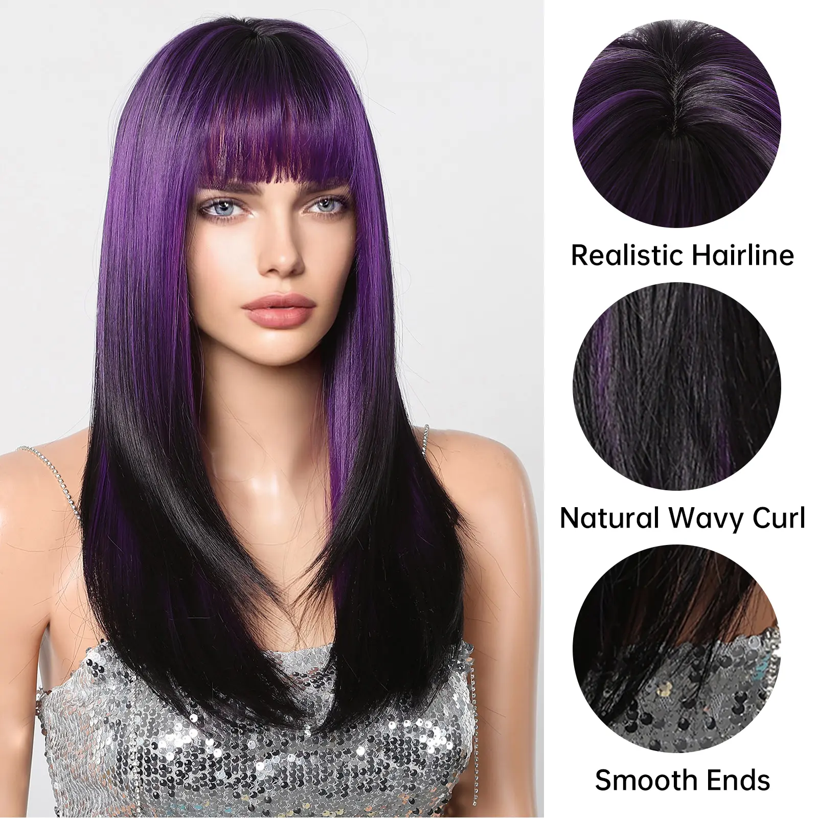 LOUIS FERRE Purple Black Ombre Synthetic Wig For Women Cosplay Party Long Straight Hair With Bangs Natural High Temperature Wig