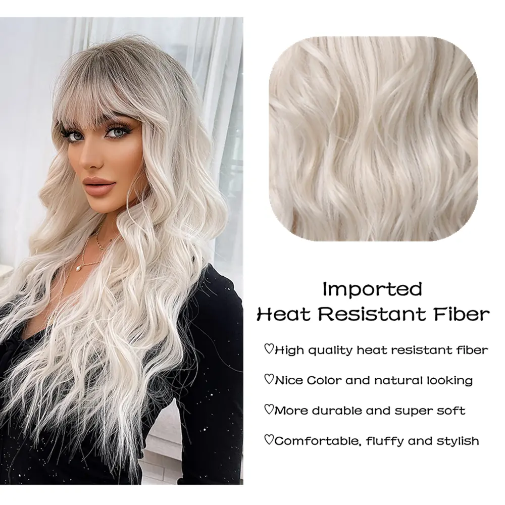 LOUIS FERRE Long Platinum Wave Synthetic Wig for Women Ombre Light Blonde Halloween Wigs With Bangs Daily Cosplay Fake Hair Wigs