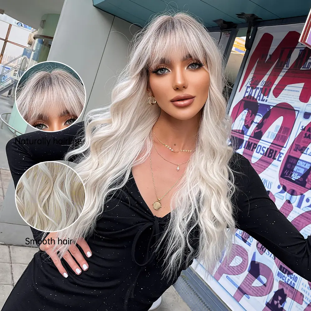 LOUIS FERRE Long Platinum Wave Synthetic Wig for Women Ombre Light Blonde Halloween Wigs With Bangs Daily Cosplay Fake Hair Wigs