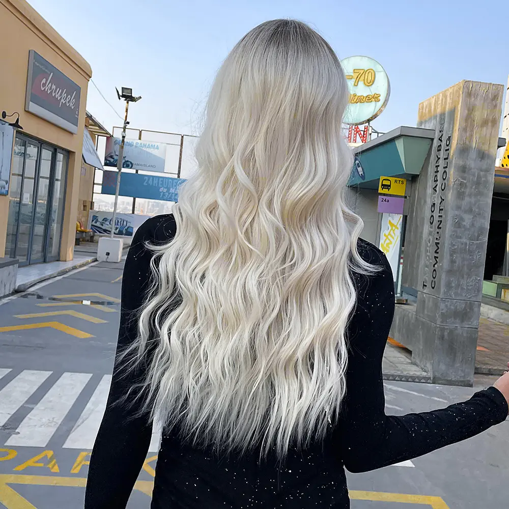 LOUIS FERRE Long Platinum Wave Synthetic Wig for Women Ombre Light Blonde Halloween Wigs With Bangs Daily Cosplay Fake Hair Wigs