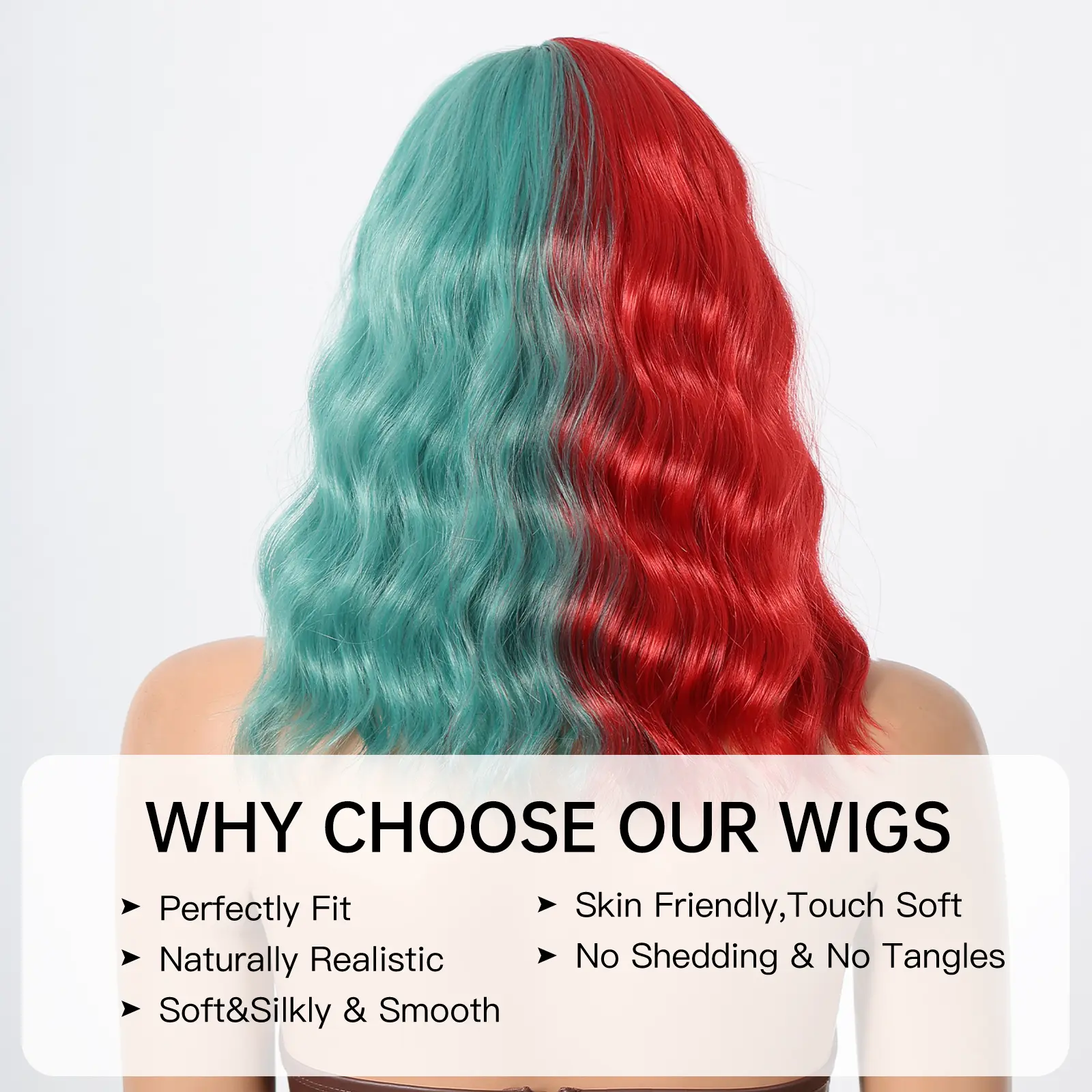 Short Curly Bob Colorful Wigs Two Tone Colors Red and Cyan Water Wave Synthetic Wig With Bangs For Women Cosplay Halloween Party