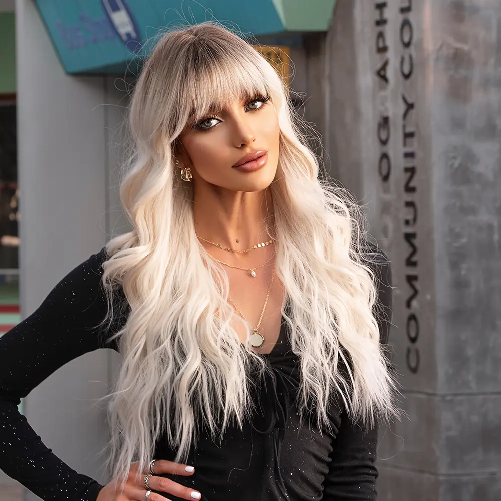LOUIS FERRE Long Platinum Wave Synthetic Wig for Women Ombre Light Blonde Halloween Wigs With Bangs Daily Cosplay Fake Hair Wigs