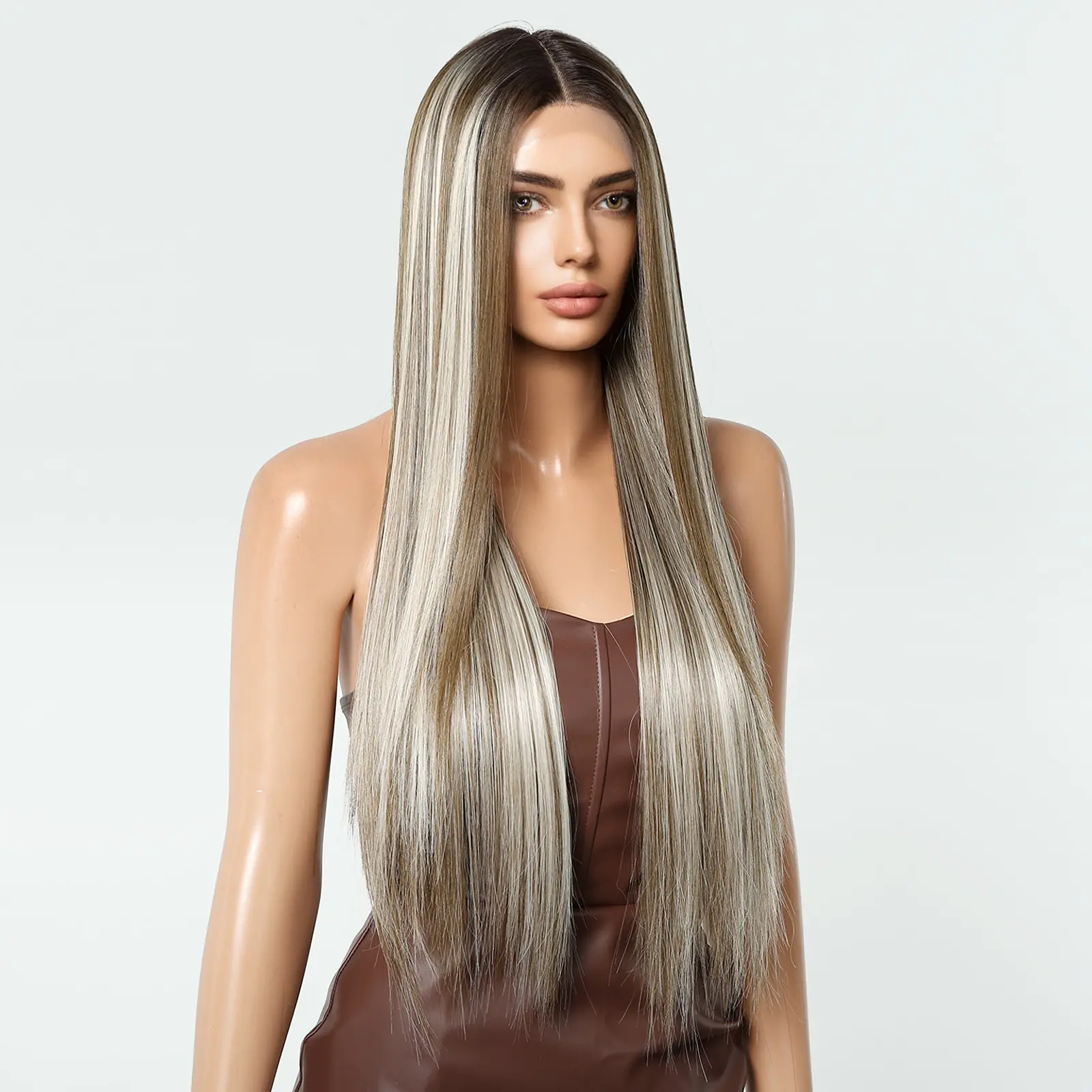 LOUIS FERRE 13*6 Lace Front Synthetic Wigs for Women Long Straight Brown With Platinum Highlights Wigs Free Parting Natural Hair