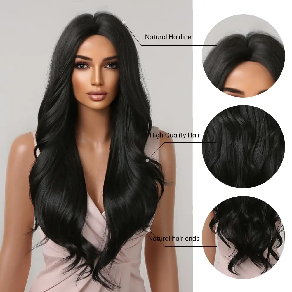 Long Black Wavy Synthetic Wigs for Women Curly Middle Part Wig Natural Looking Heat Resistant Fibre for Daily Party