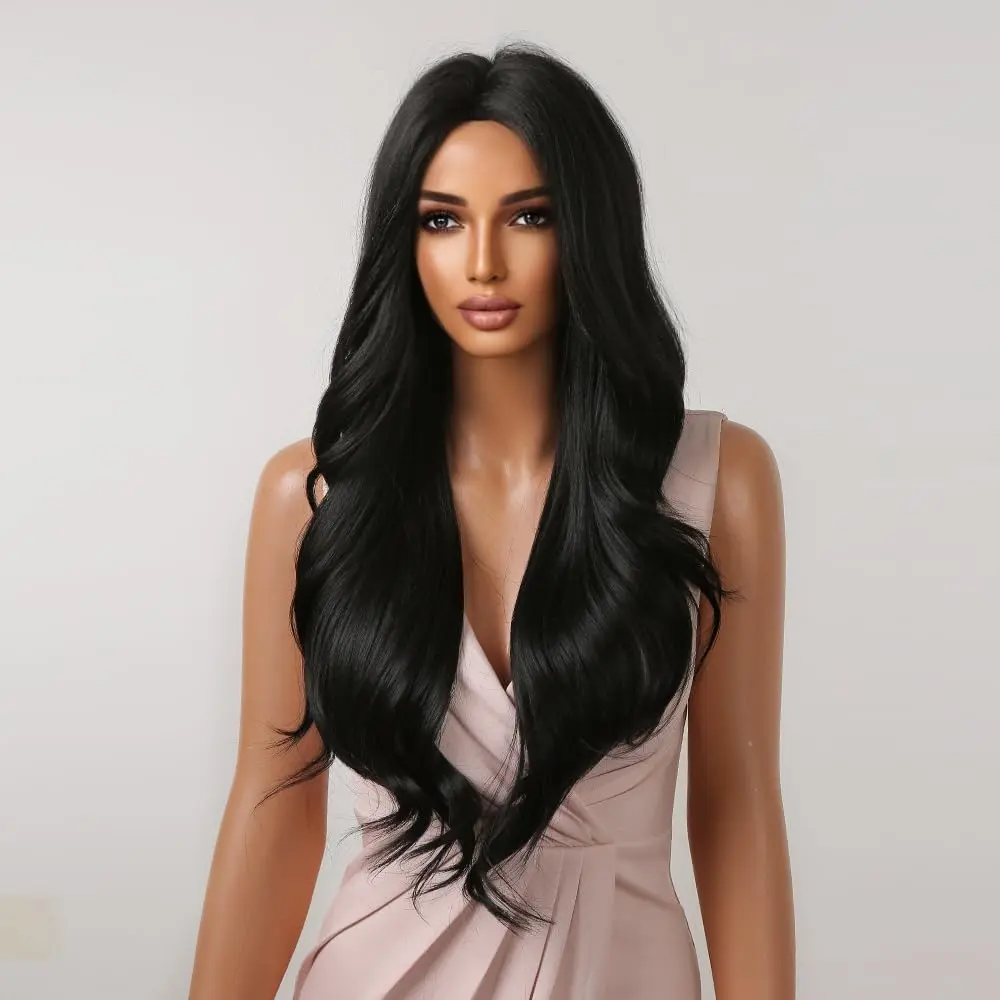 Long Black Wavy Synthetic Wigs for Women Curly Middle Part Wig Natural Looking Heat Resistant Fibre for Daily Party