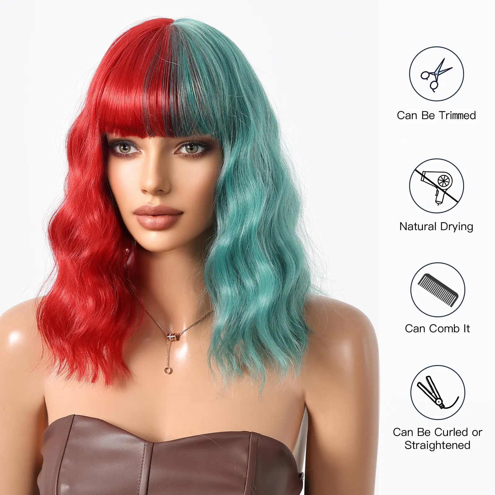 Short Curly Bob Colorful Wigs Two Tone Colors Red and Cyan Water Wave Synthetic Wig With Bangs For Women Cosplay Halloween Party