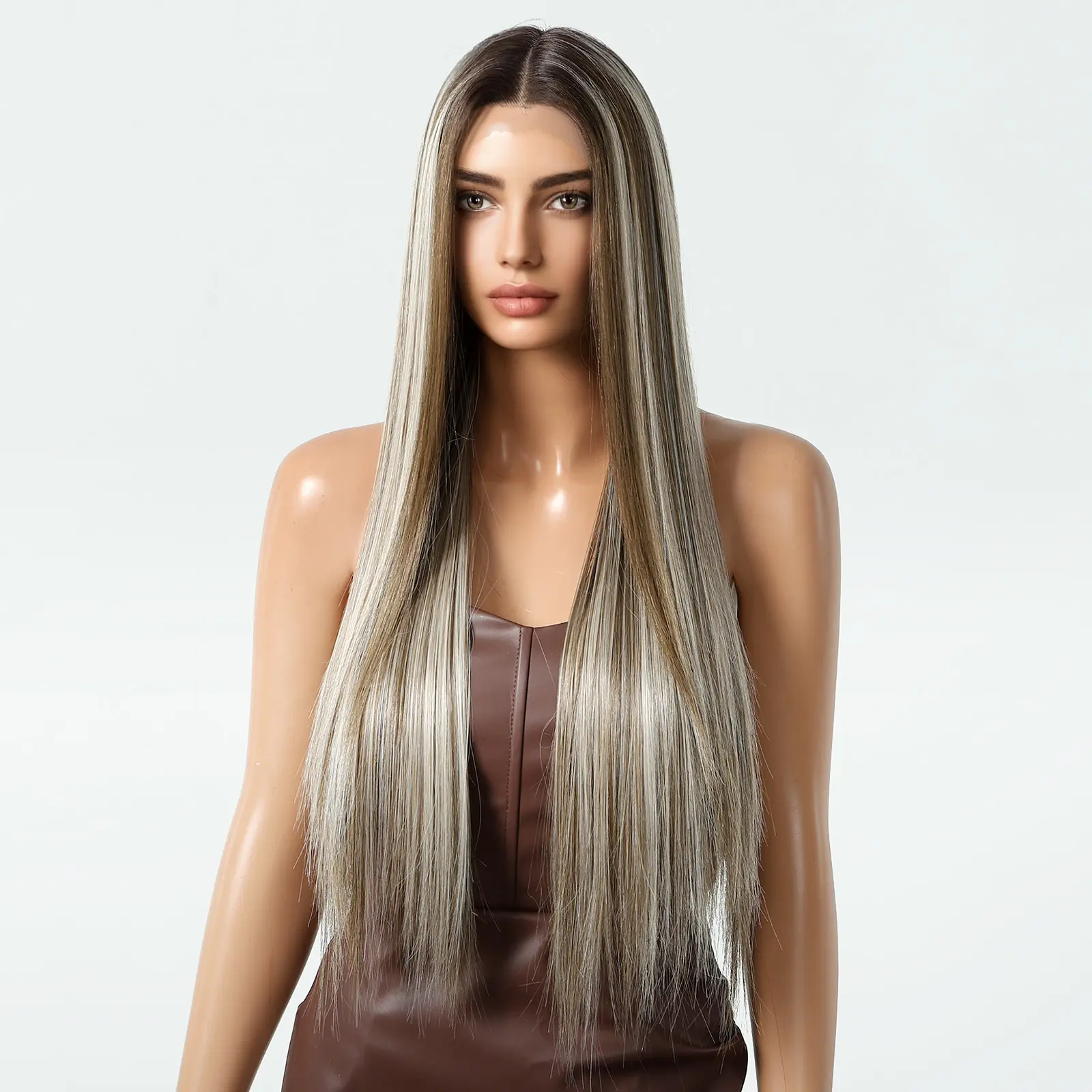 LOUIS FERRE 13*6 Lace Front Synthetic Wigs for Women Long Straight Brown With Platinum Highlights Wigs Free Parting Natural Hair