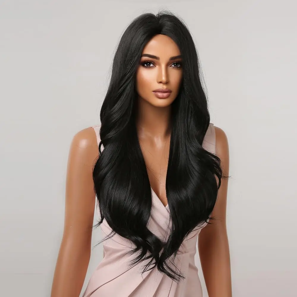 Long Black Wavy Synthetic Wigs for Women Curly Middle Part Wig Natural Looking Heat Resistant Fibre for Daily Party