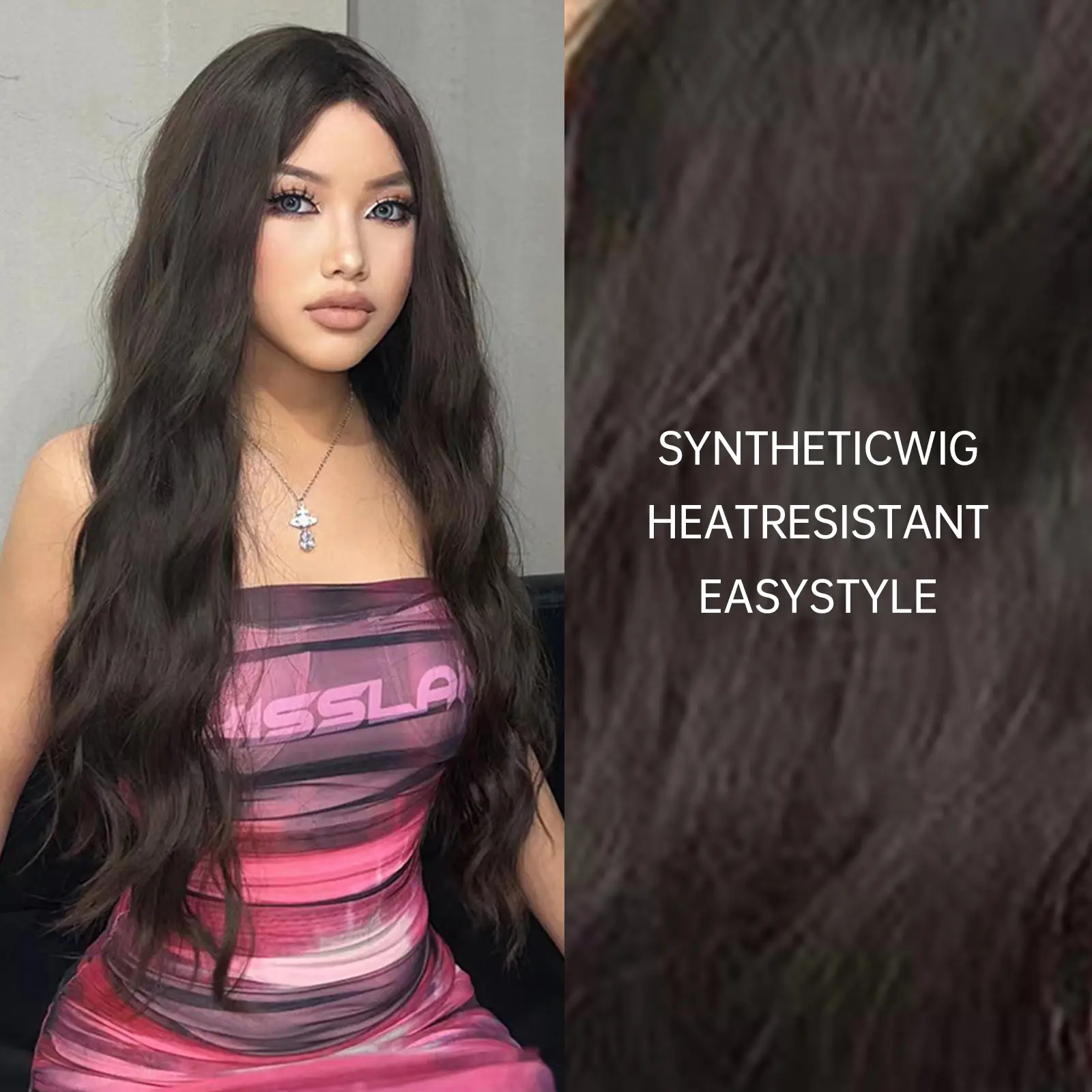 Long Black Brown Wavy Synthetic Wigs medium part  Dark Water Wave fake hair for Women Daily Natural Looking Heat Resistant Fiber