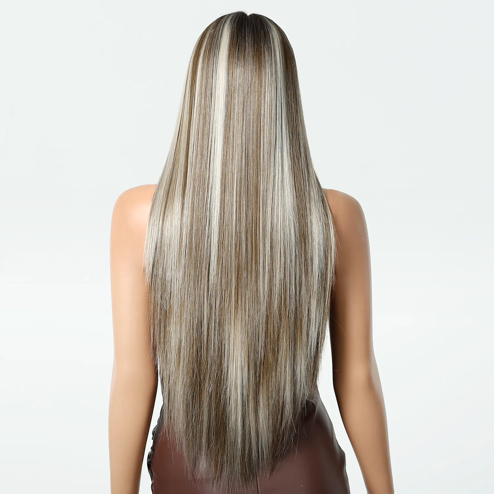LOUIS FERRE 13*6 Lace Front Synthetic Wigs for Women Long Straight Brown With Platinum Highlights Wigs Free Parting Natural Hair
