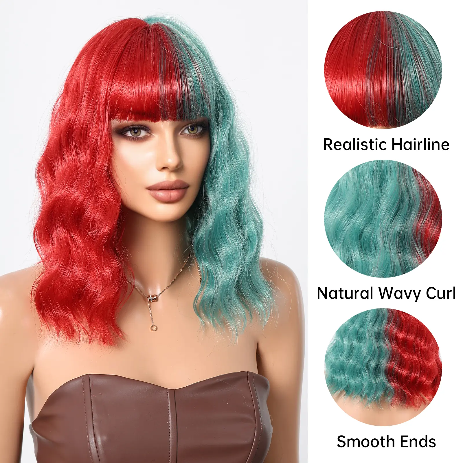 Short Curly Bob Colorful Wigs Two Tone Colors Red and Cyan Water Wave Synthetic Wig With Bangs For Women Cosplay Halloween Party