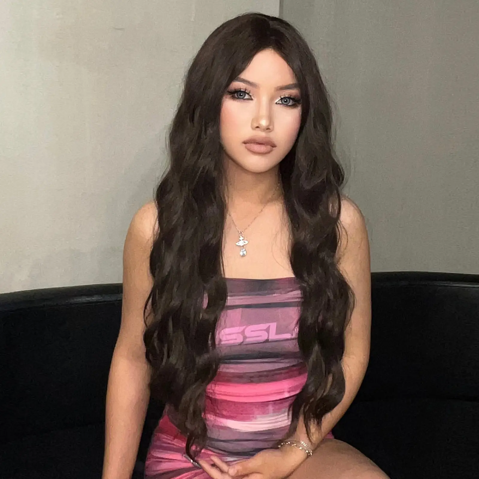 Long Black Brown Wavy Synthetic Wigs medium part  Dark Water Wave fake hair for Women Daily Natural Looking Heat Resistant Fiber