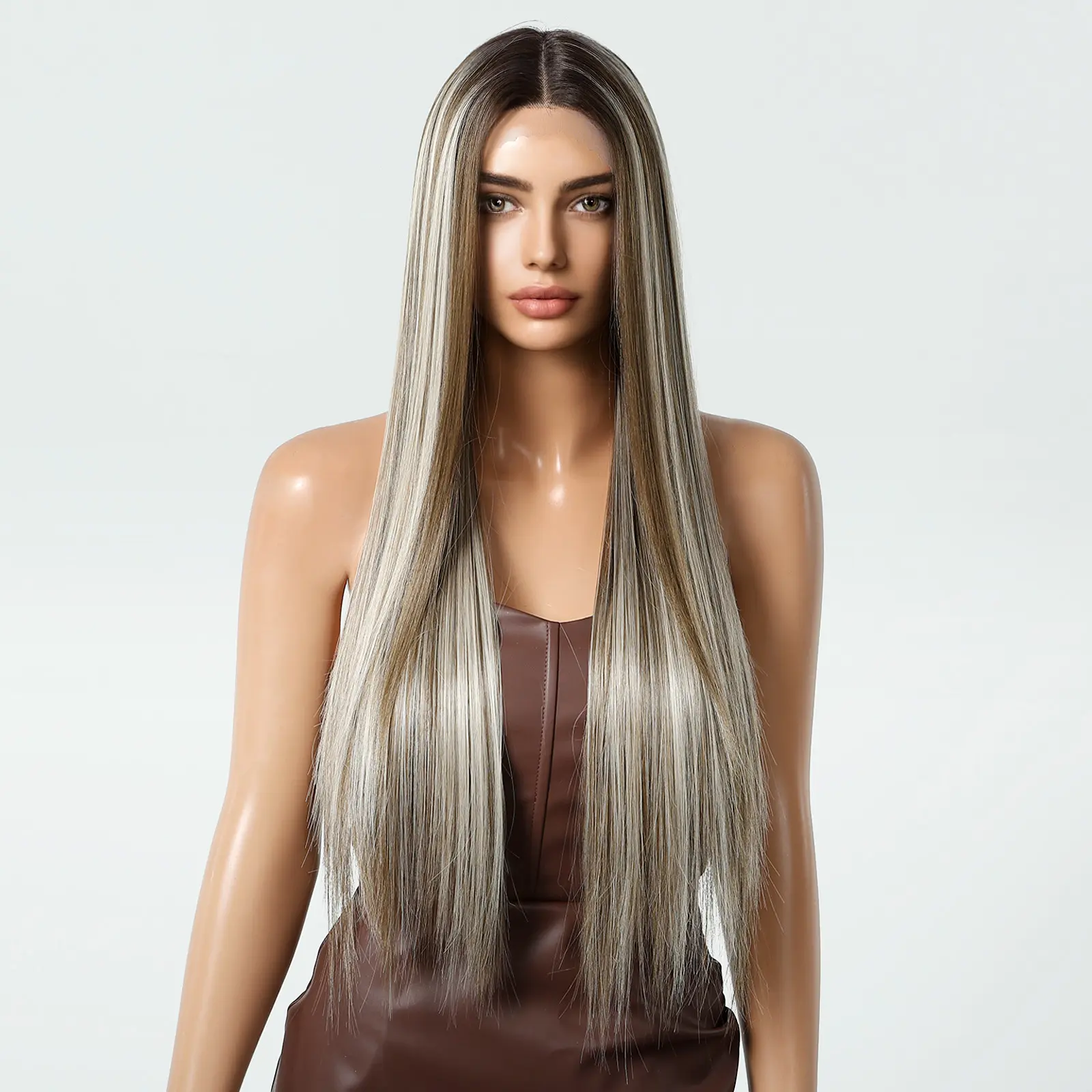 LOUIS FERRE 13*6 Lace Front Synthetic Wigs for Women Long Straight Brown With Platinum Highlights Wigs Free Parting Natural Hair