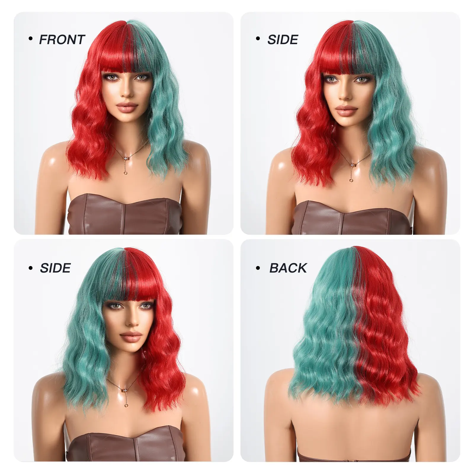 Short Curly Bob Colorful Wigs Two Tone Colors Red and Cyan Water Wave Synthetic Wig With Bangs For Women Cosplay Halloween Party