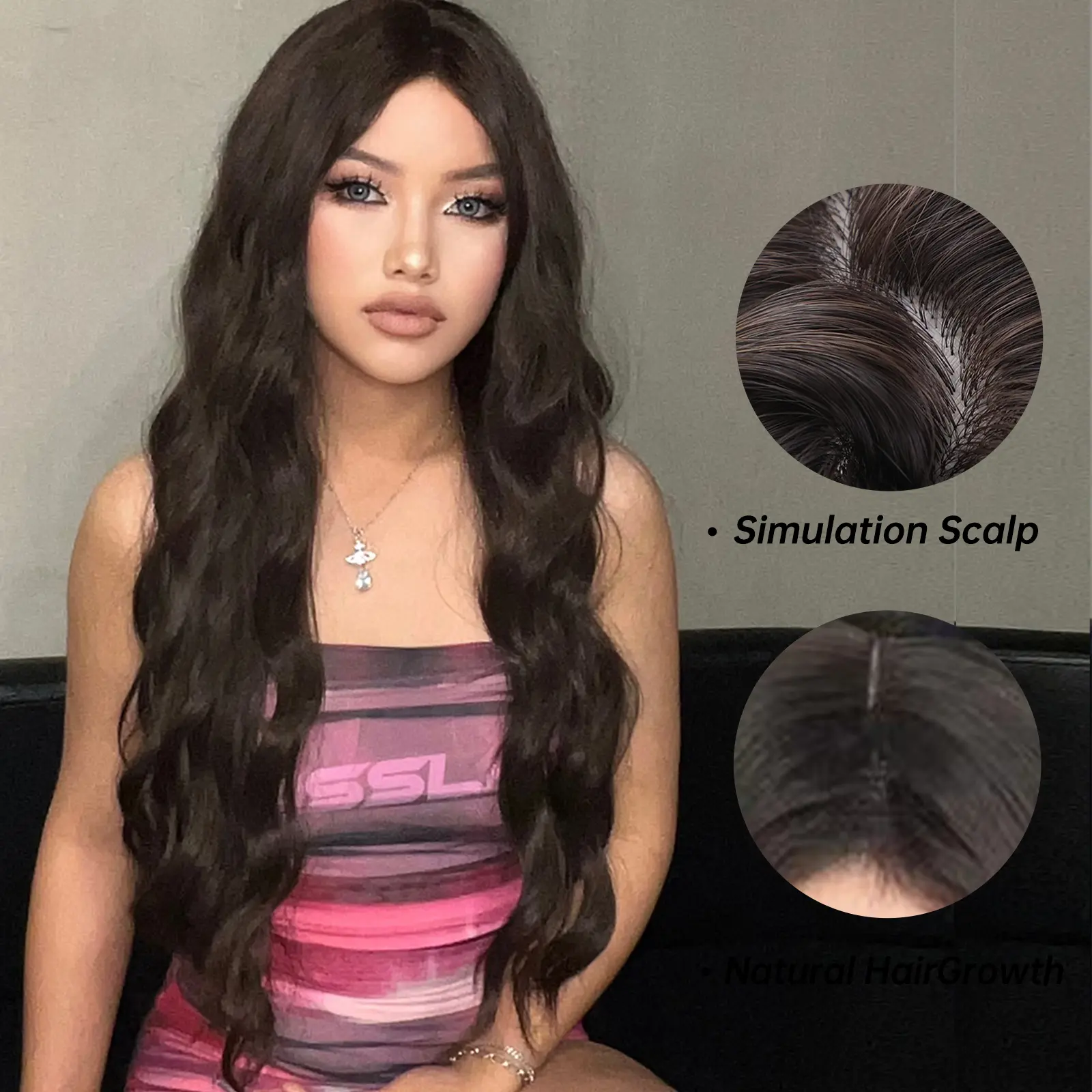 Long Black Brown Wavy Synthetic Wigs medium part  Dark Water Wave fake hair for Women Daily Natural Looking Heat Resistant Fiber
