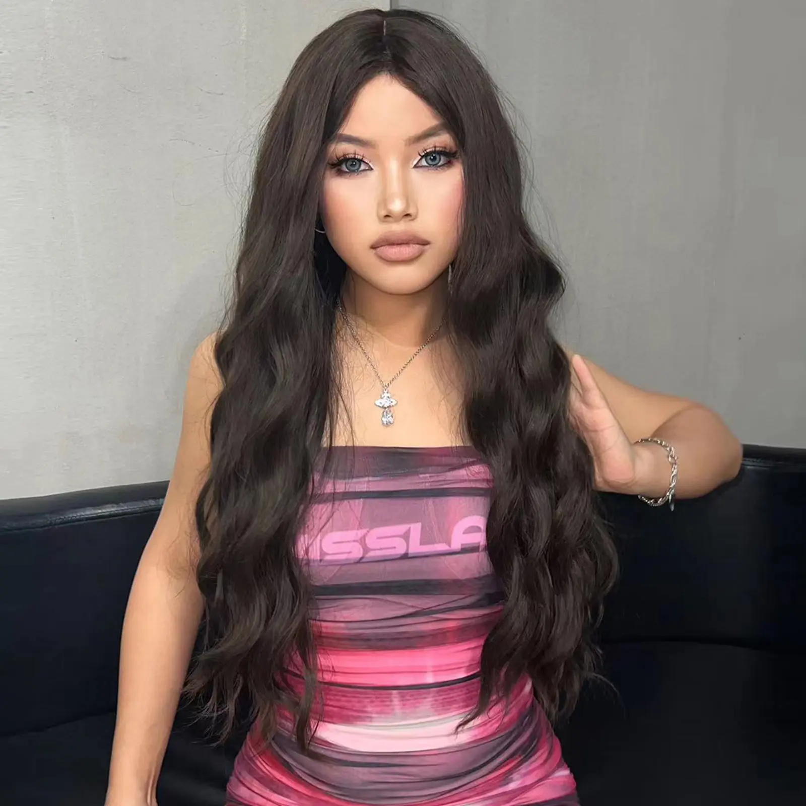 Long Black Brown Wavy Synthetic Wigs medium part  Dark Water Wave fake hair for Women Daily Natural Looking Heat Resistant Fiber